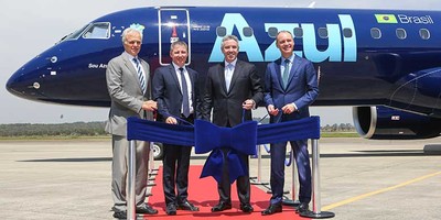 Azul Airlines' new Embraer E195-E2 aircraft on the runway.