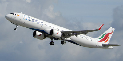 SriLankan Airlines' Airbus A321neo aircraft flying through the sky.