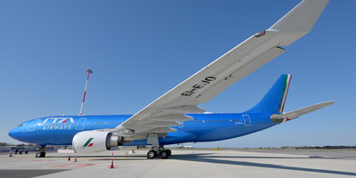 ITA Airways' new Airbus A320neo aircraft on the runway.